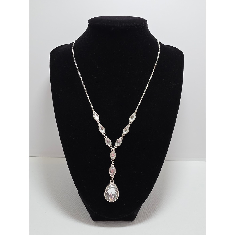 Vintage Avon NR Silver Tone Clear Crystal Teardrop Y-Drop Statement Necklace